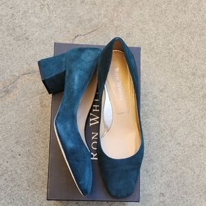 Ron White Teal Suede Mid Block Heel Pumps